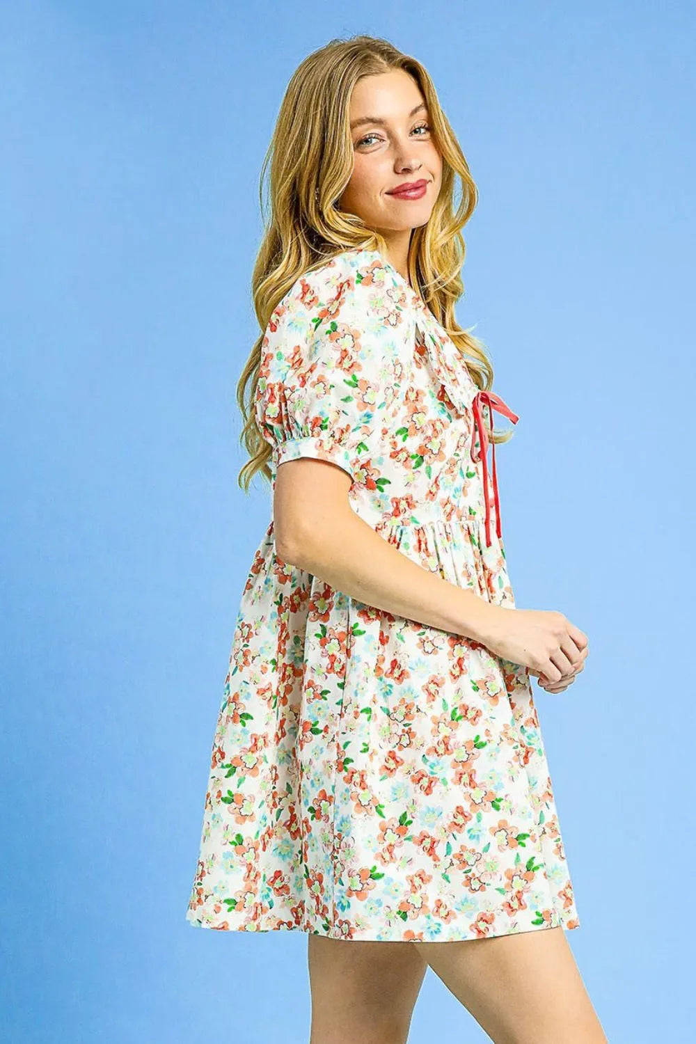 Umgee Floral Print Puff Sleeve Tie Front Mini Dress OutfitFlow