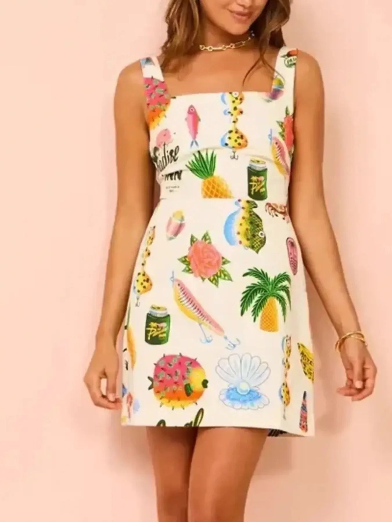Printed Square Neck Summer Mini Dress OutfitFlow