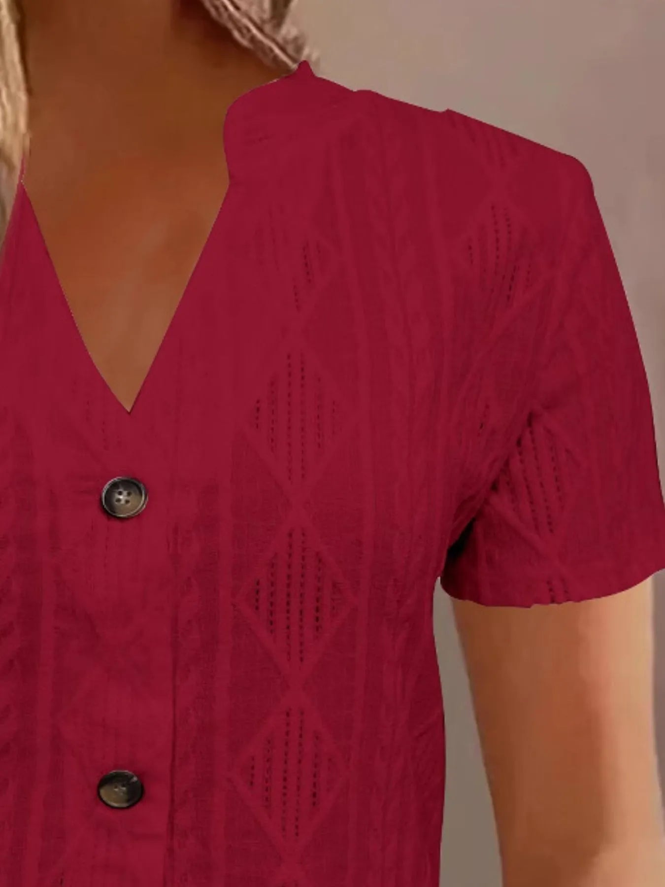 Textured Notched Short Sleeve Blouse OutfitFlow
