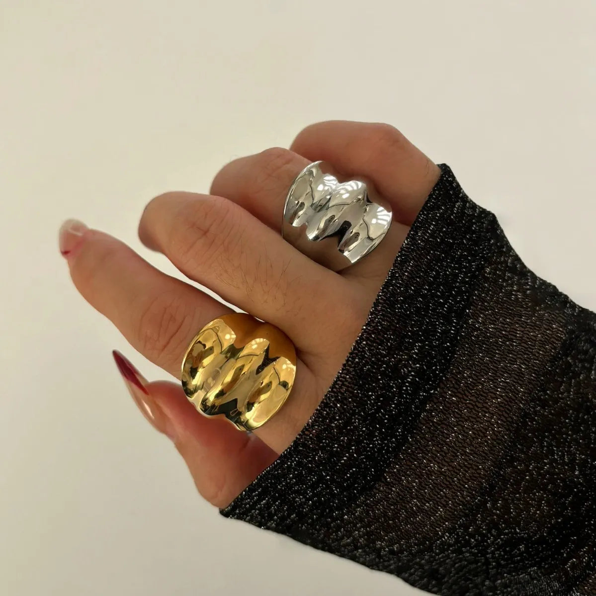 2-Piece Stainless Steel Wrinkled Wide Band Ring Gold & Silver OutfitFlow