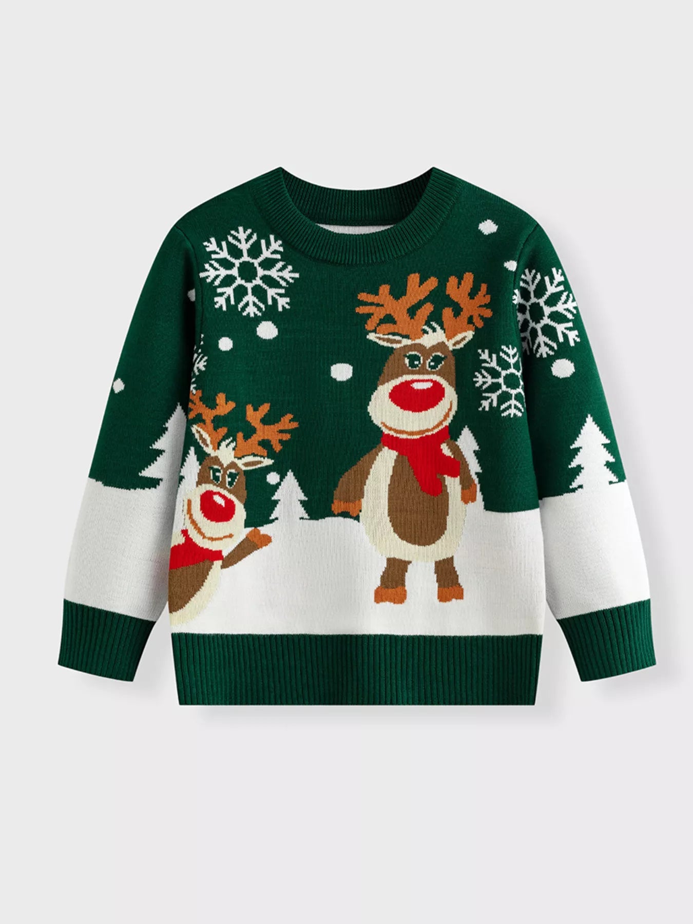 Children's Christmas Tree Round Neck Sweater Dark Green OutfitFlow