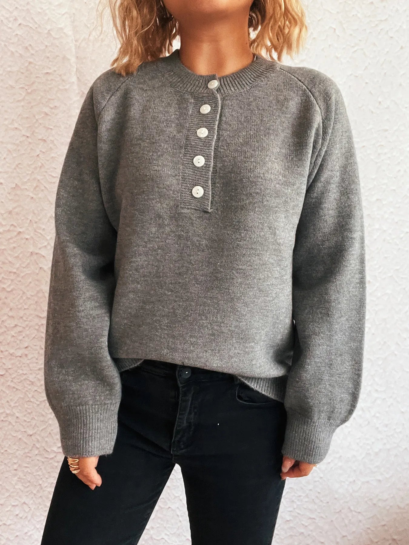 Button-Front Long Sleeve Sweater OutfitFlow