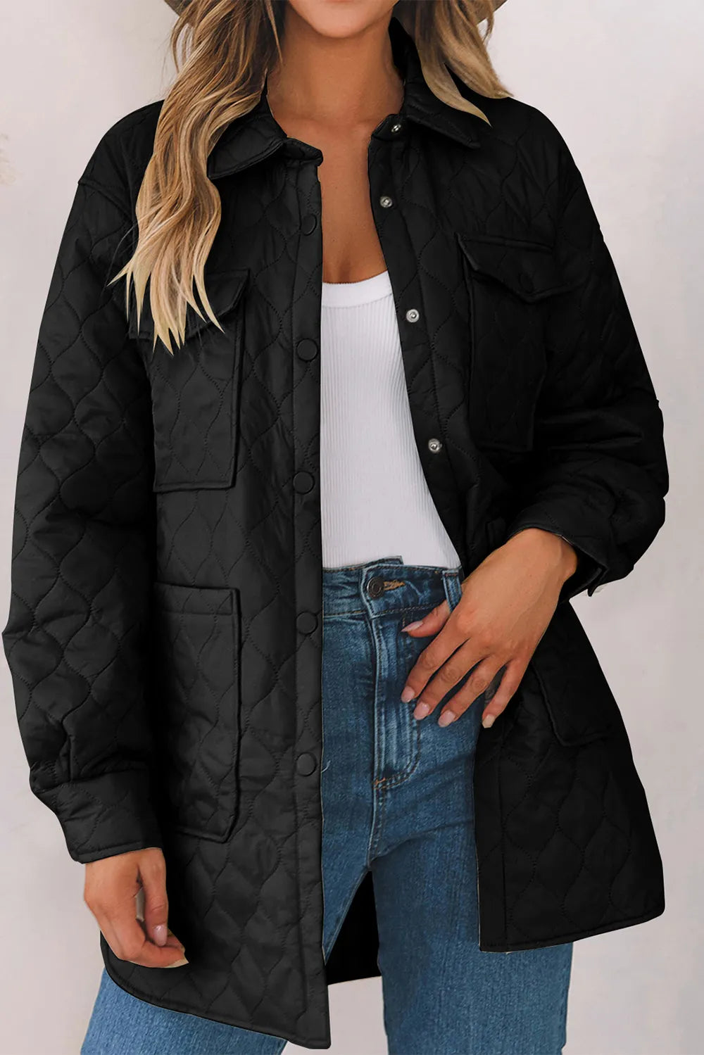 Snap Down Collared Winter Coat Black OutfitFlow