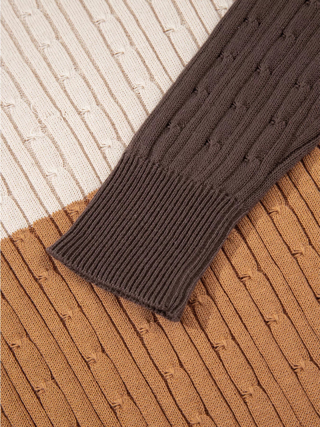 Colorblock Cable Knit Round Neck Sweater OutfitFlow