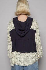 POL Color Block Printed Frayed Hem Hooded Shacket OutfitFlow