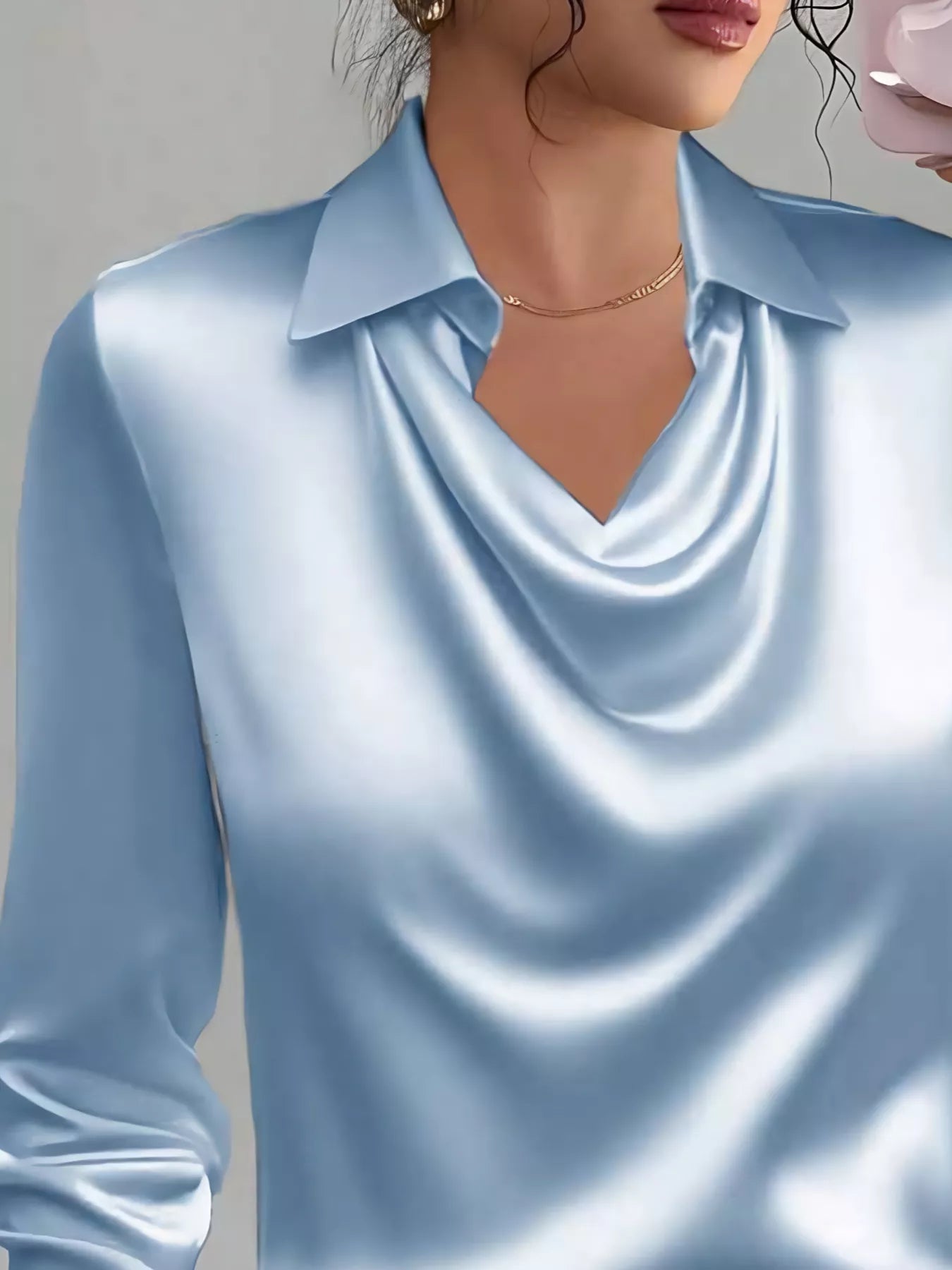 Satin Collared Neck Long Sleeve Blouse OutfitFlow
