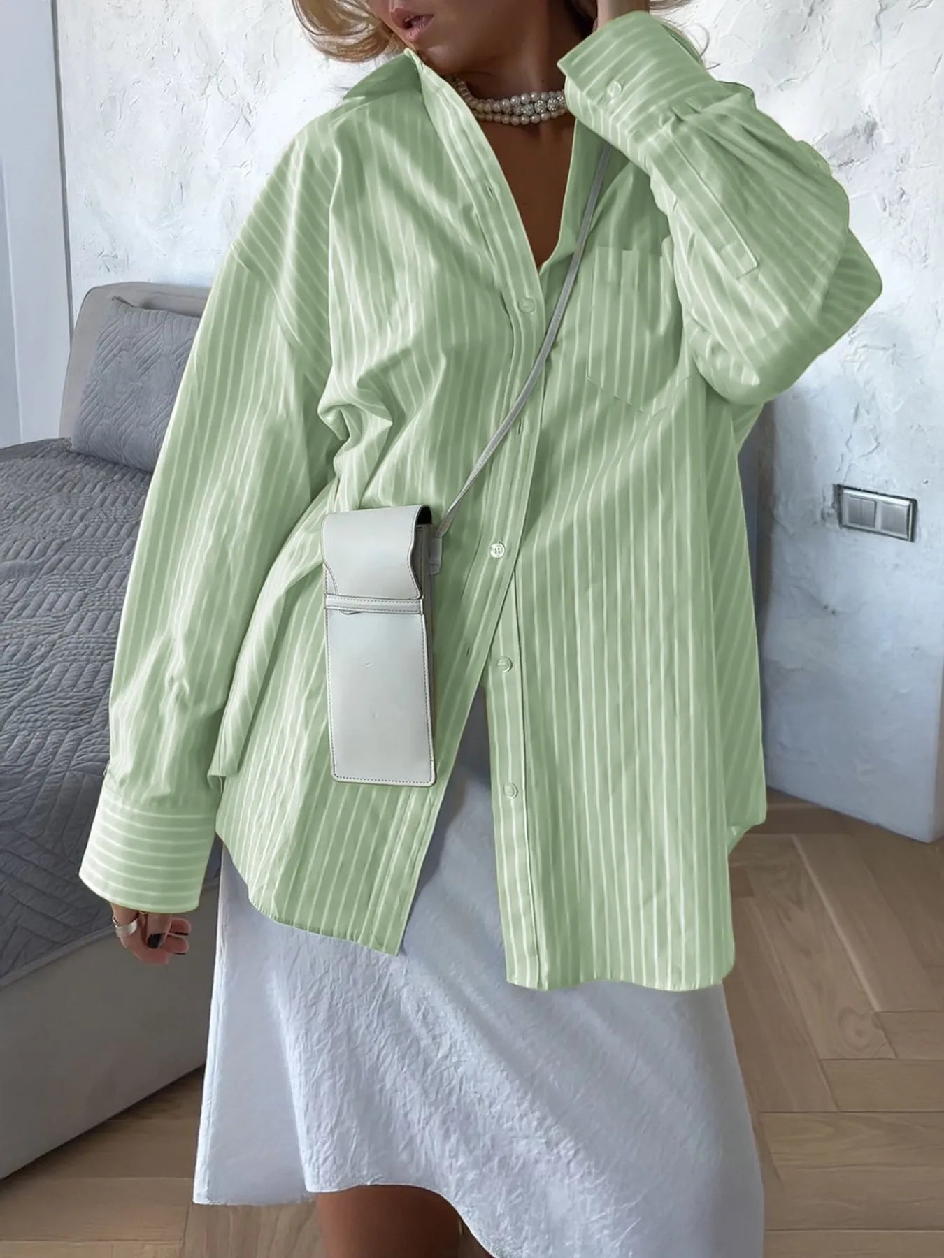 Oversized Striped Button-Down Shirt Light Green OutfitFlow
