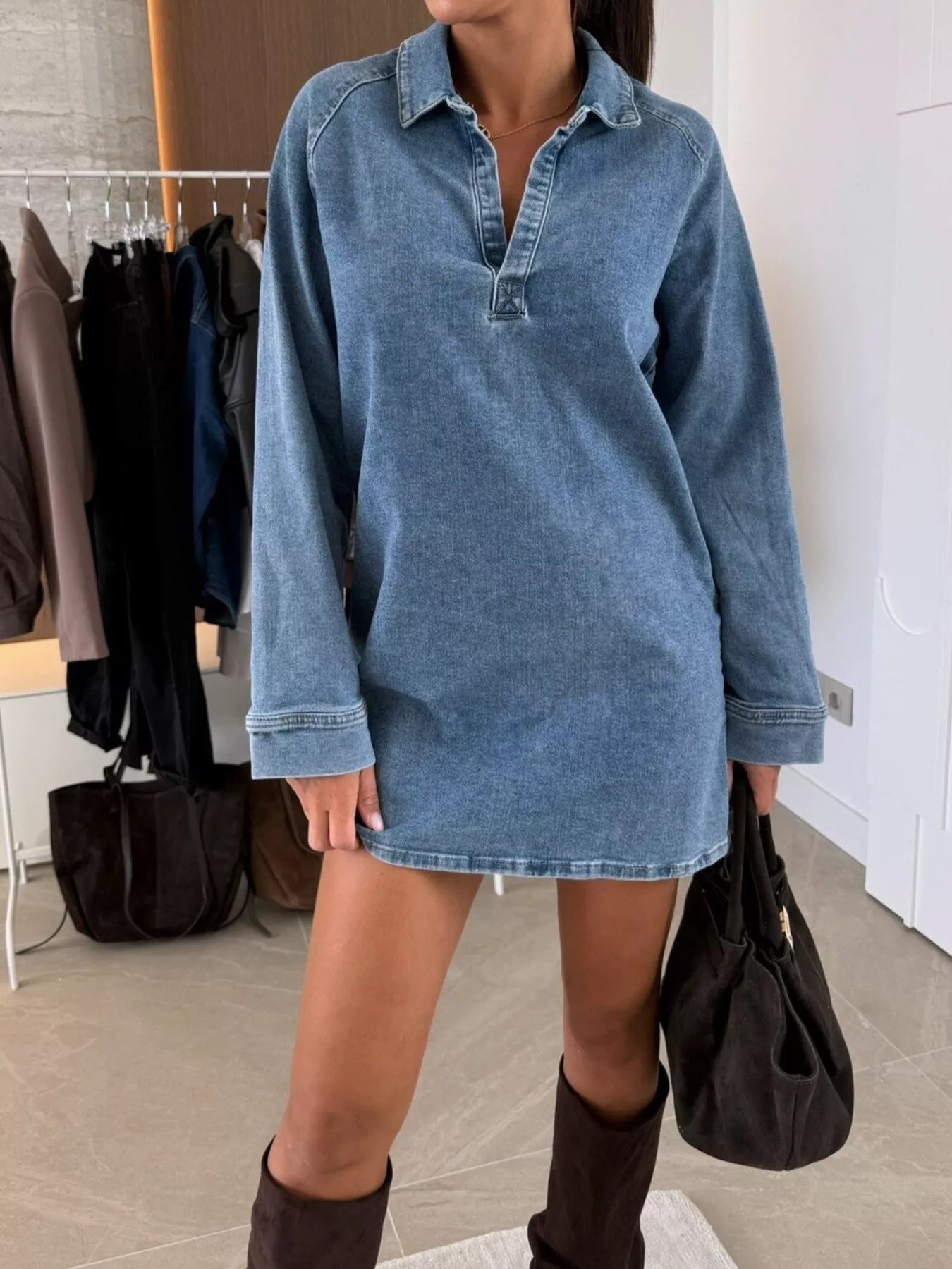 Collared Neck Long Sleeve Denim Dress OutfitFlow