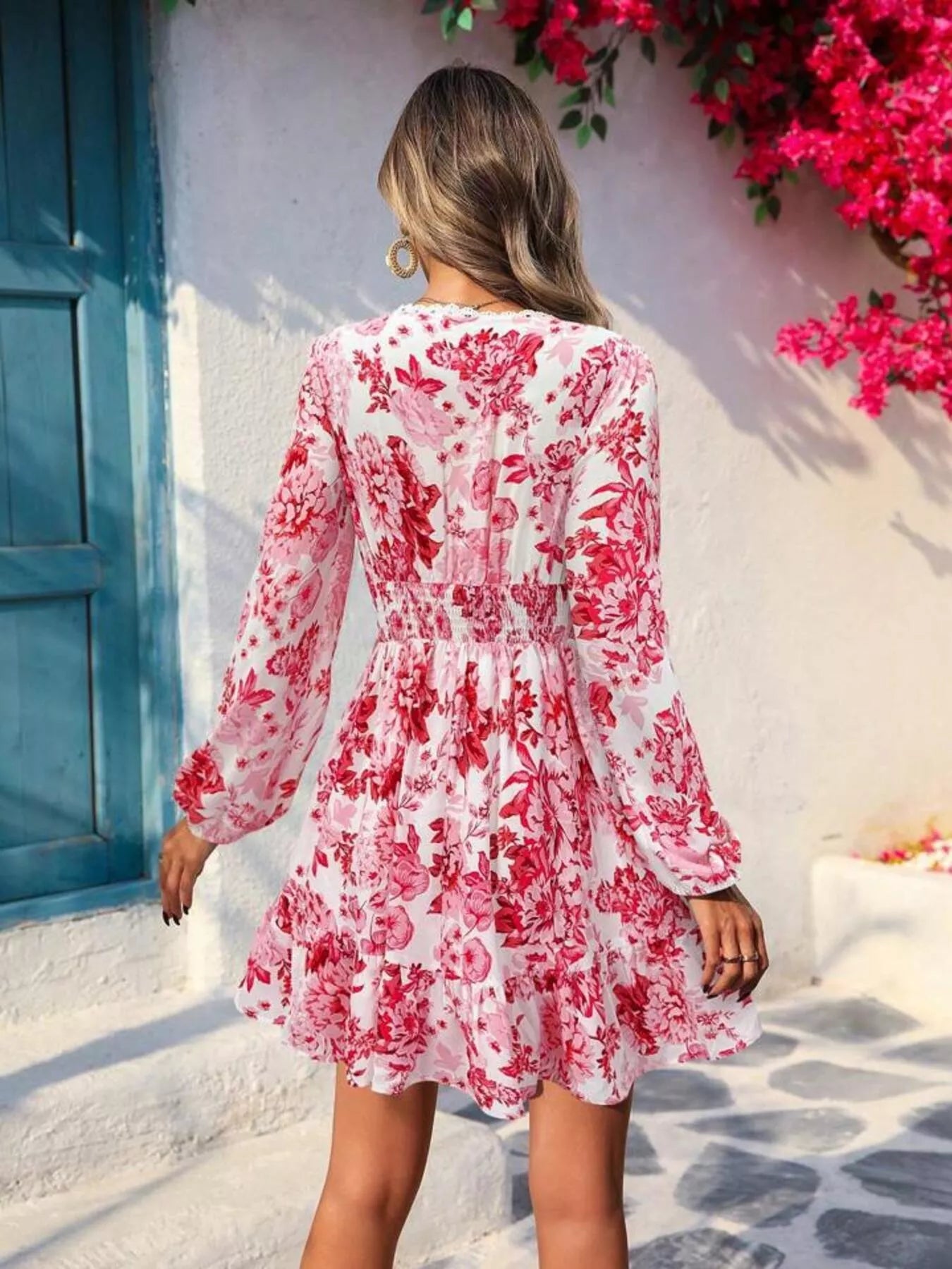 Full Size Floral Print V-Neck Long Sleeve Ruffle Hem Mini Dress Plus Size Trendsi
