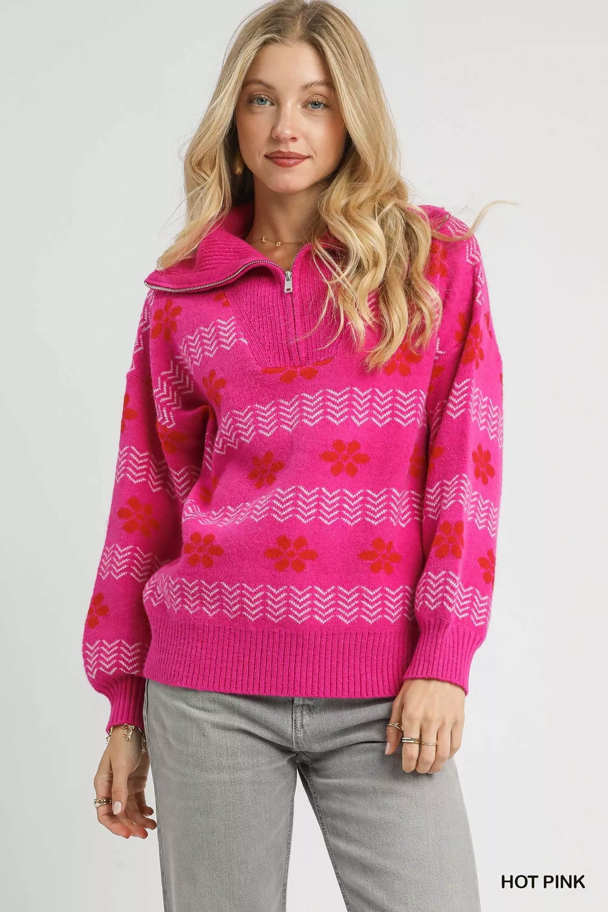 Umgee Floral Patterned Jacquard Quarter-Zip Pullover Sweater HOT PINK OutfitFlow