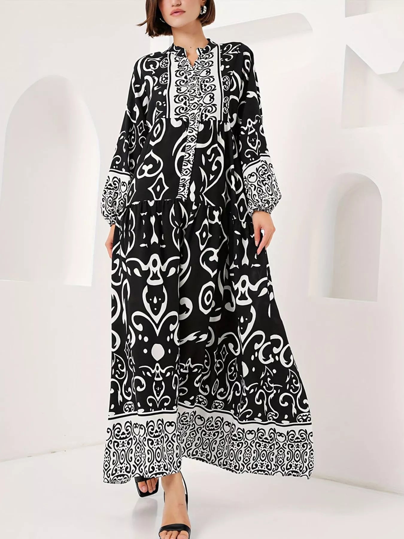 Printed Notched Balloon Sleeve Maxi Dress OutfitFlow