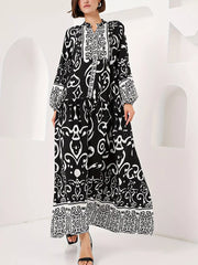 Printed Notched Balloon Sleeve Maxi Dress OutfitFlow