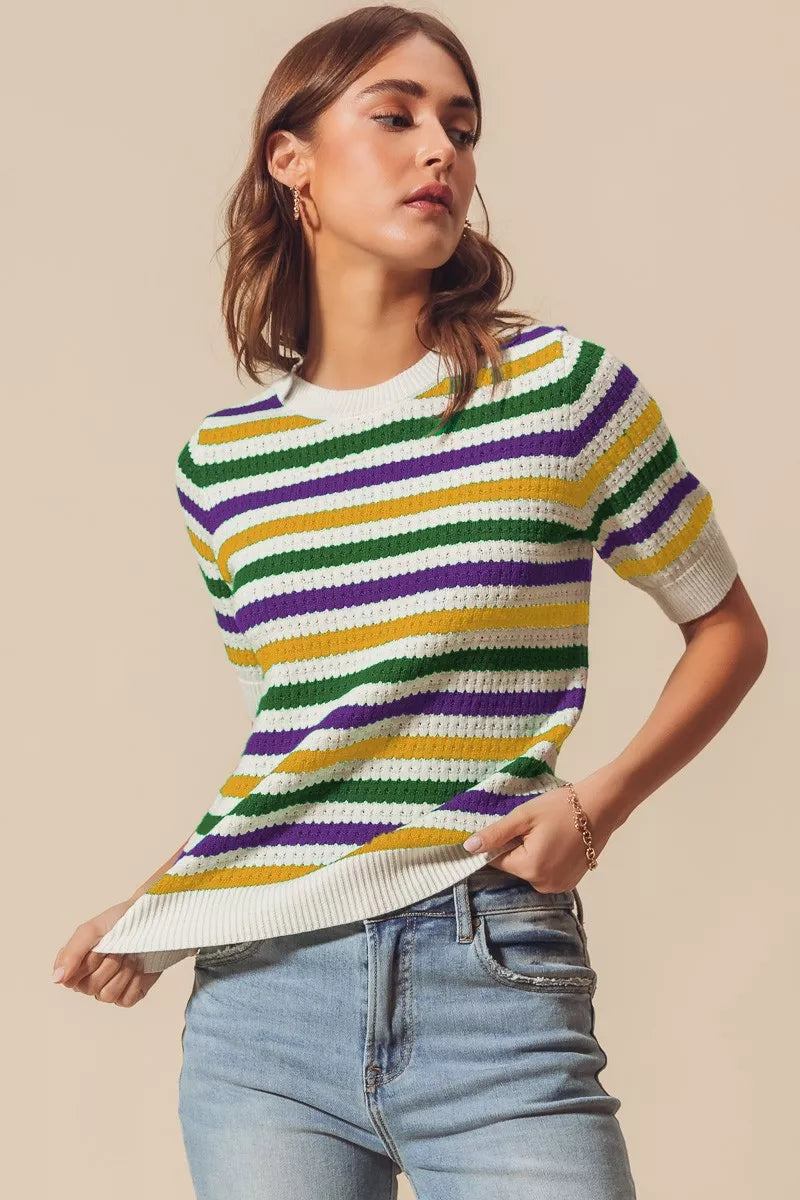 SO ME Mardi Gras Crew Neck Stripe Breathable Sweater IVORY Trendsi