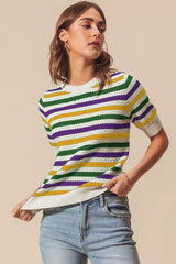 SO ME Mardi Gras Crew Neck Stripe Breathable Sweater IVORY Trendsi