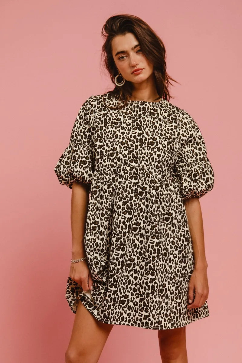 BiBi Leopard Denim Dress With Back Contrast Tie Detail OutfitFlow