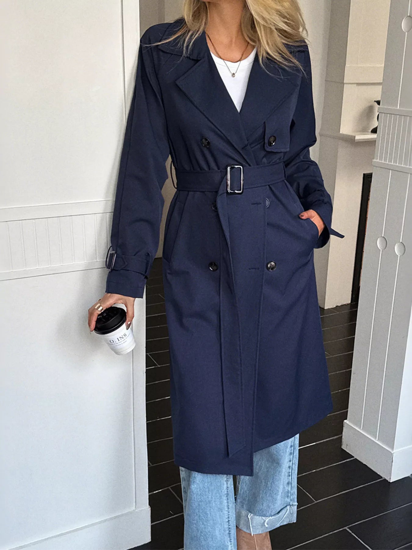 Double-Breasted Belted Trench Coat Dark Blue Trendsi