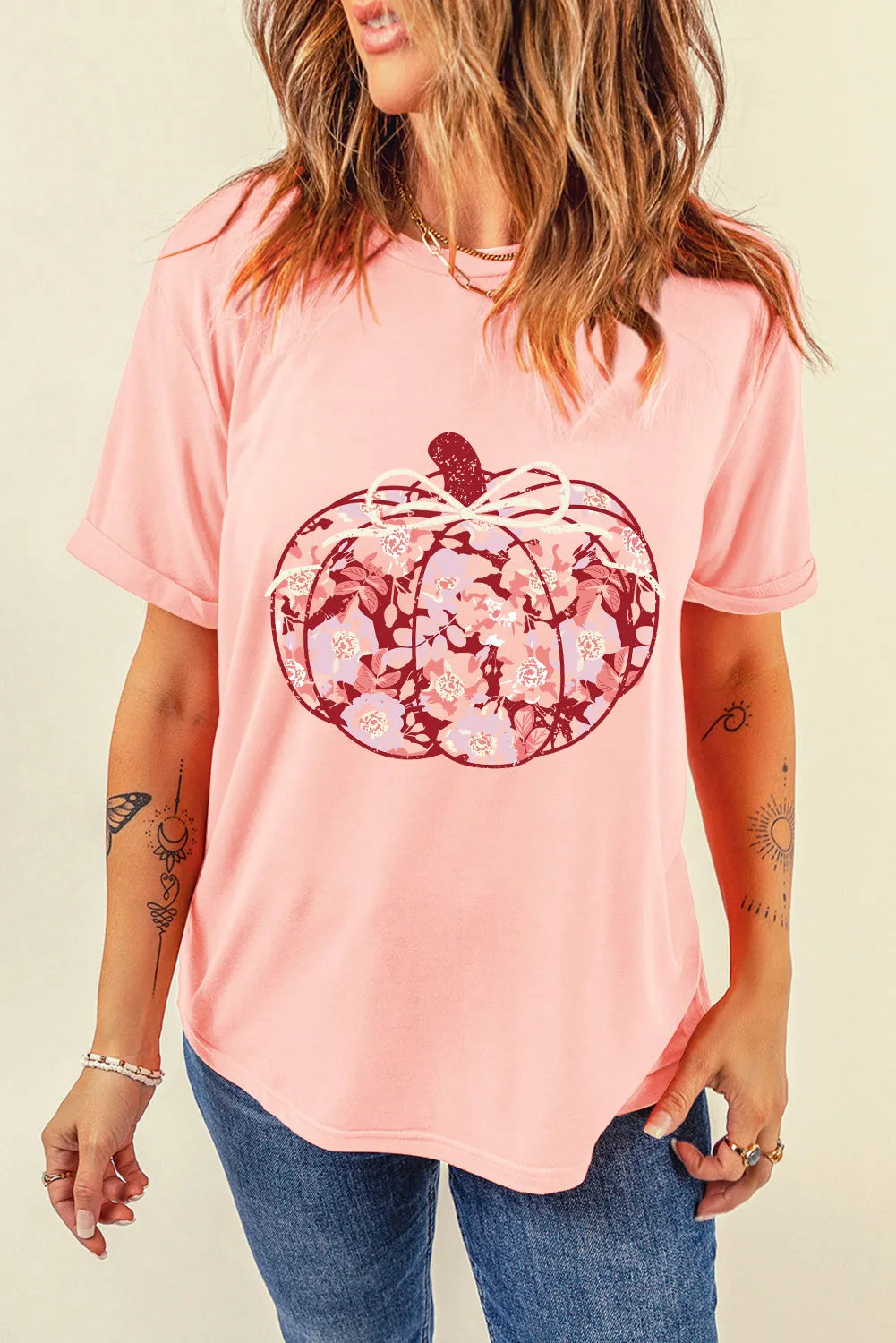 Pumpkin Graphic Round Neck Long Sleeve T-Shirt Blush Pink OutfitFlow