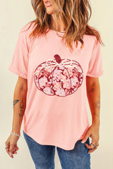 Pumpkin Graphic Round Neck Long Sleeve T-Shirt Blush Pink OutfitFlow