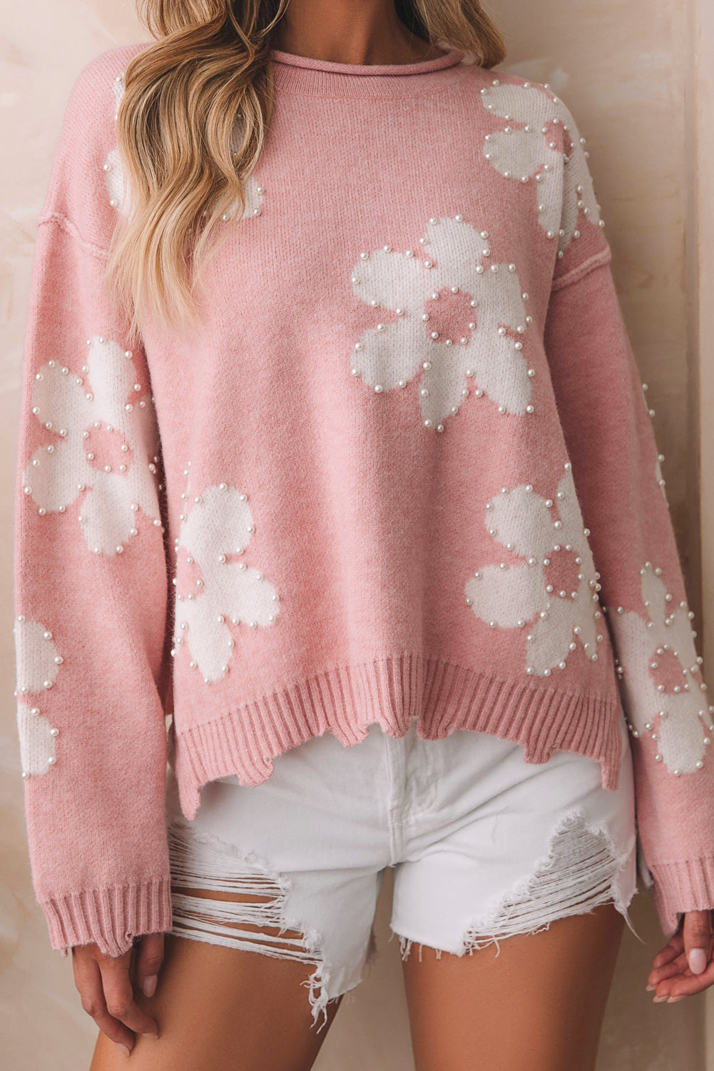 Outfit Flow - Pearl Trim Flower Round Neck Sweater