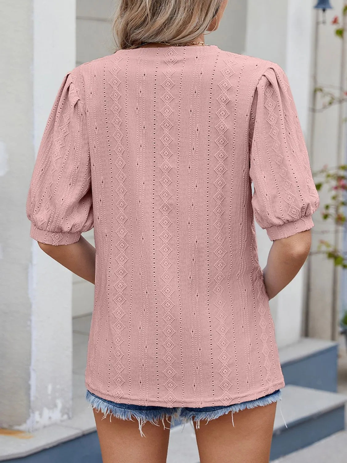 Puff Sleeve V-Neck Eyelet Lace T-Shirt OutfitFlow
