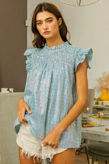 BiBi Clear Sequin All-over Gingham Smocked Top OutfitFlow