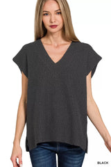 Zenana Ribbed Slit V-Neck Sweater Vest BLACK OutfitFlow