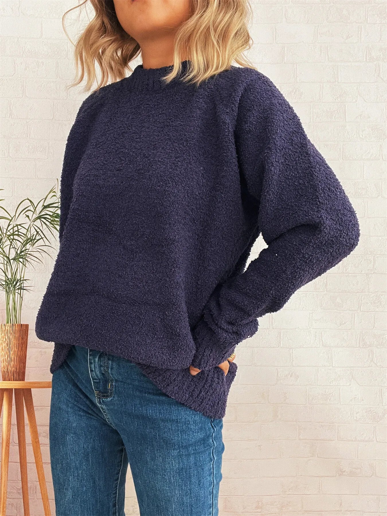 Round Neck Raglan Sleeve Sweater Purple One Size OutfitFlow