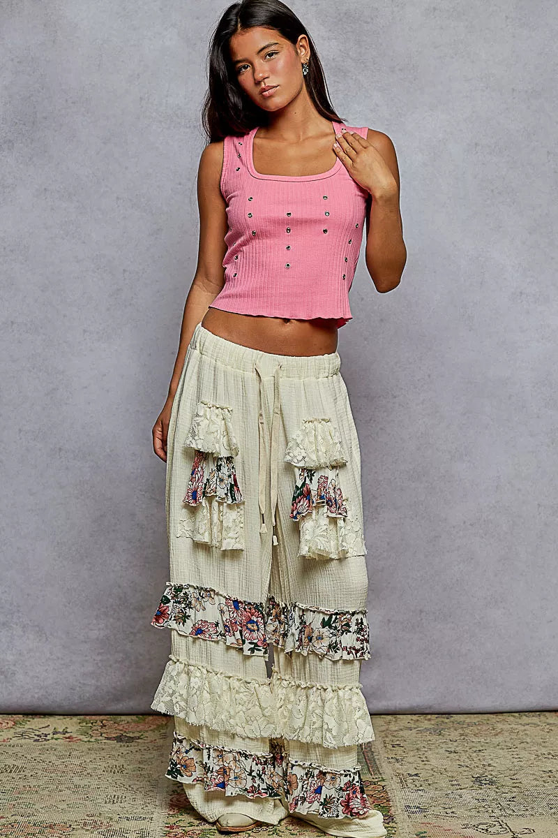 POL Drawstring Double Gauze Wide Leg Pants with Print and Lace Ruffle OutfitFlow