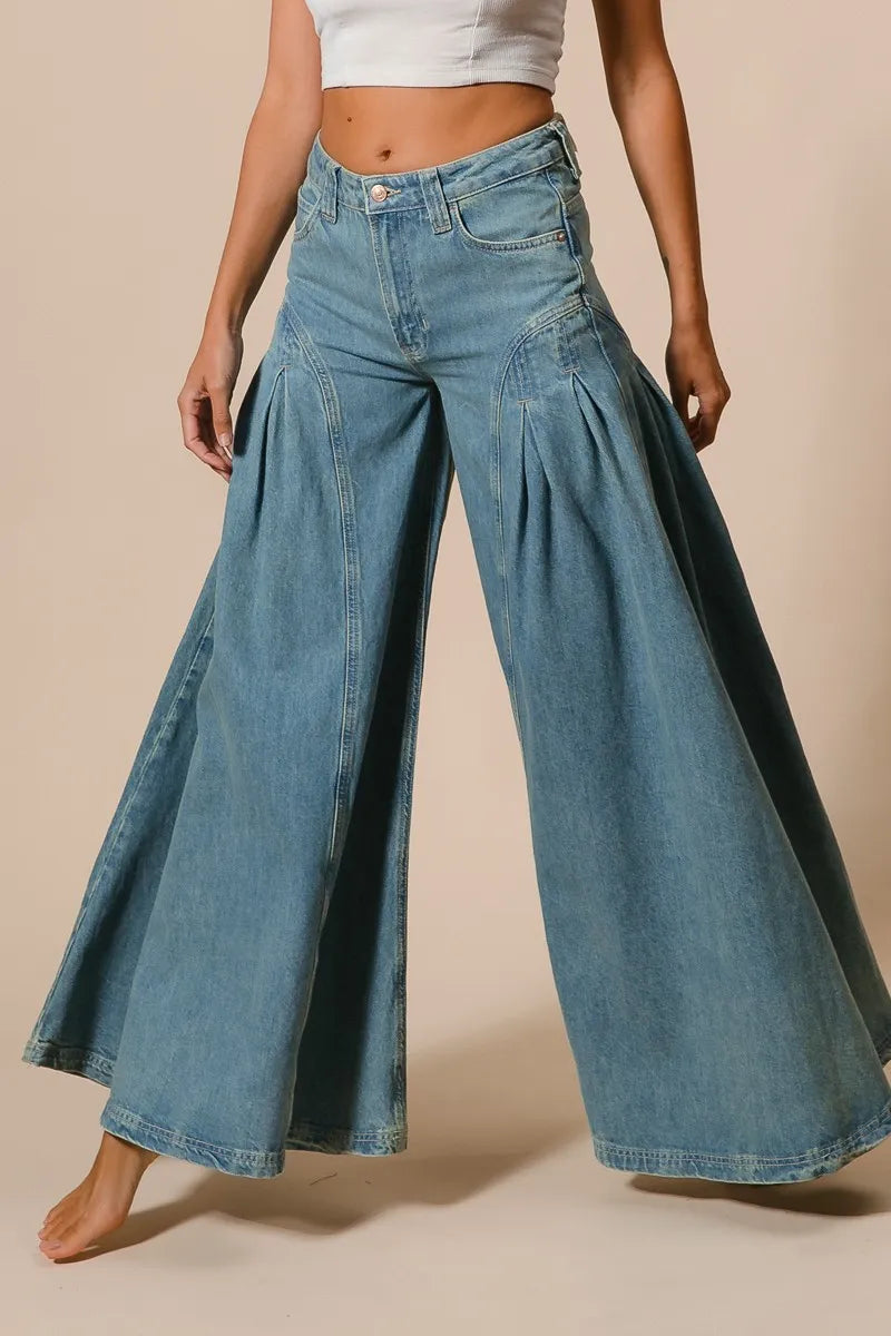 BiBi Pleated Detail Wide Jeans DENIM OutfitFlow
