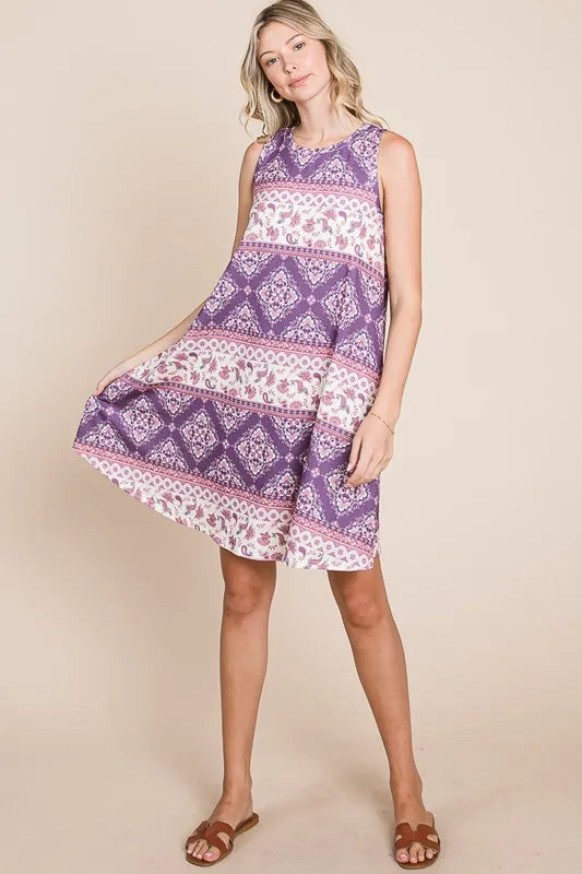 BOMBOM Bohemian Print Sleeveless Dress OutfitFlow