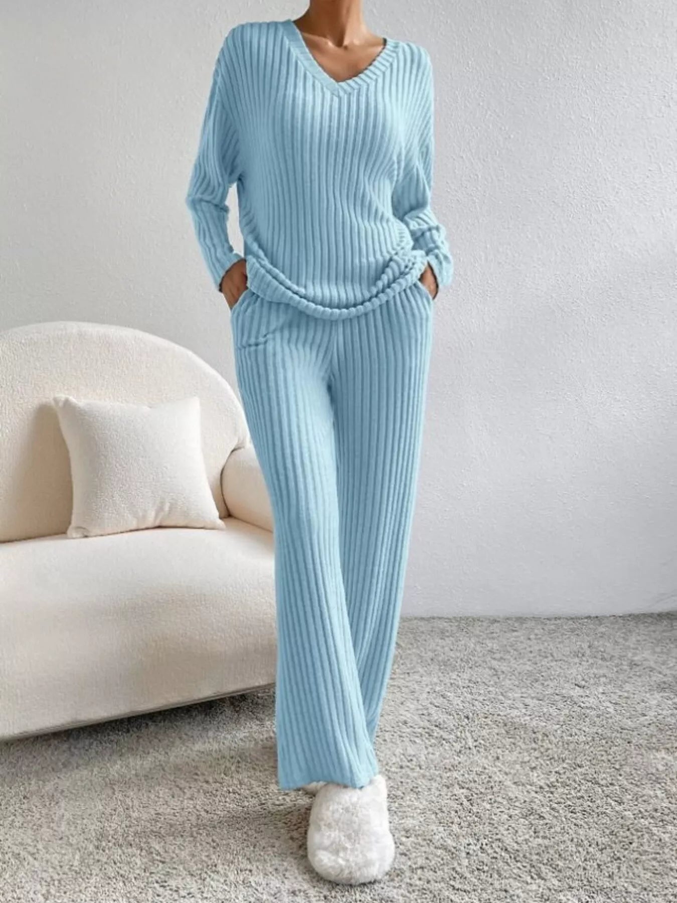 Ribbed Knit V-Neck Top and Pants Set OutfitFlow