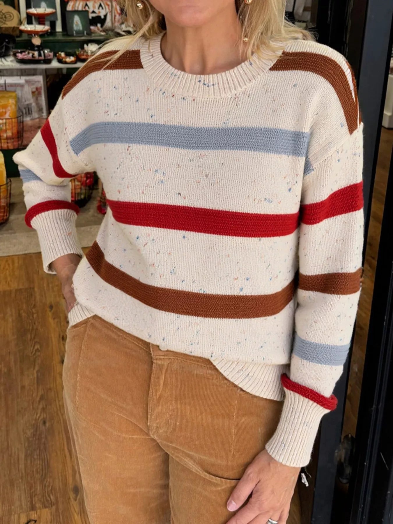 Striped Crew Neck Long Sleeve Sweater Trendsi
