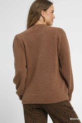 Umgee Textured Long Sleeve Sweater with Ribbed Trim Trendsi