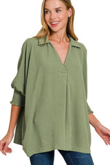 Zenana Airflow Collar Tee with Smocked Sleeve Band Top OutfitFlow