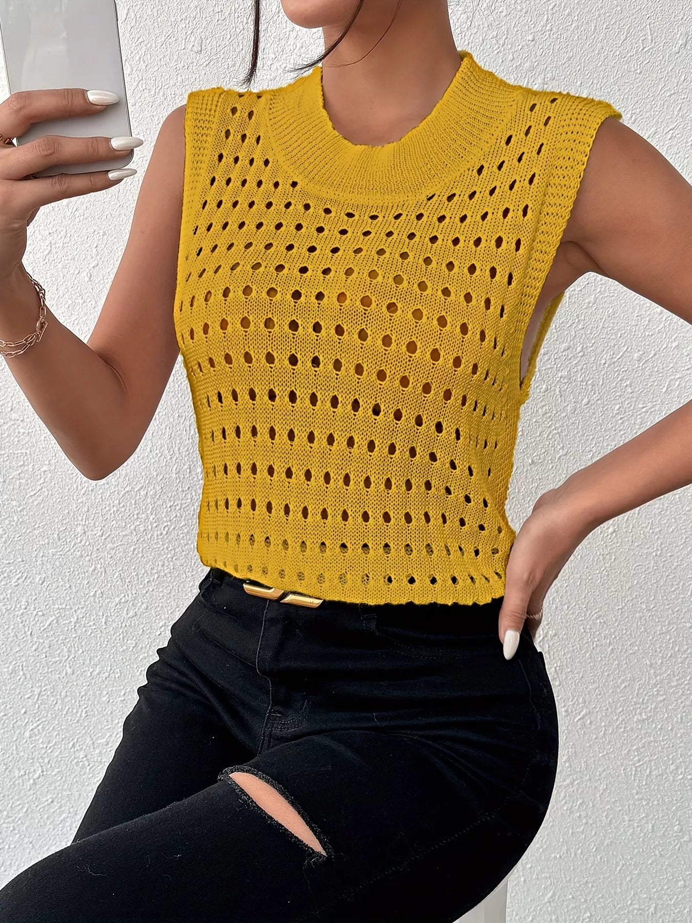 Hollow Out Round Neck Knit Tank OutfitFlow