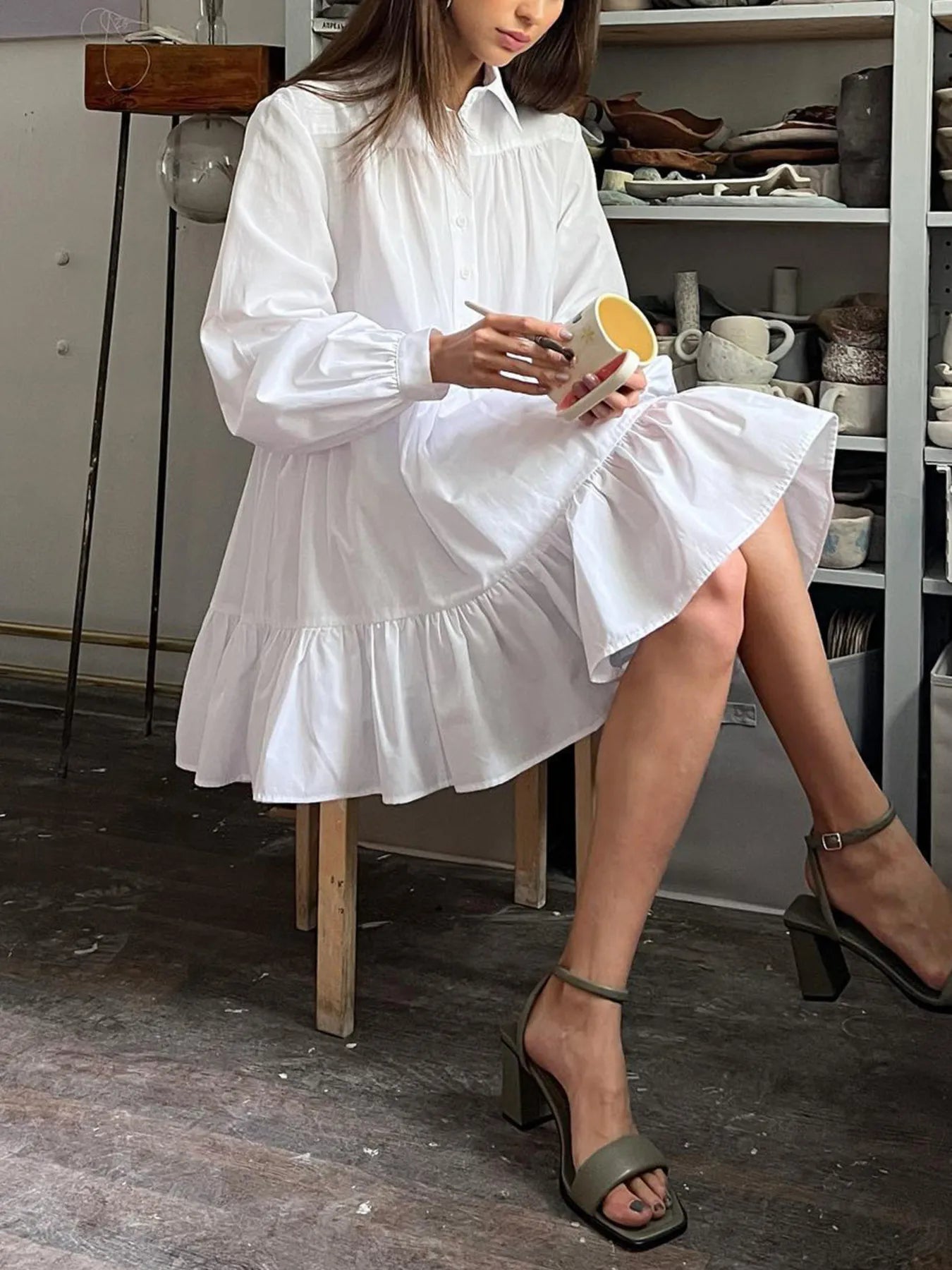 Tiered Long Sleeve Shirt Dress White OutfitFlow