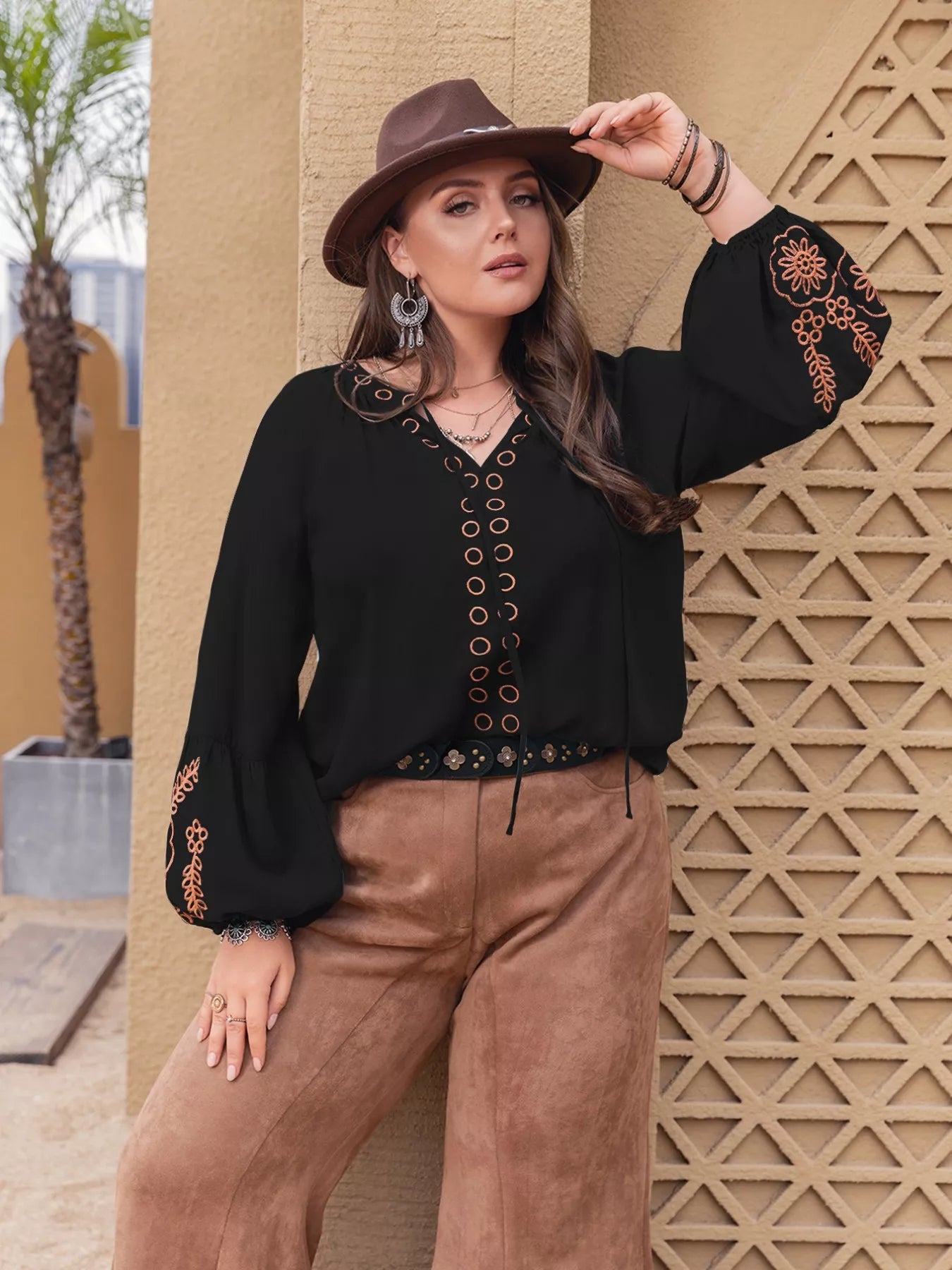 Plus Size Boho Embroidered Long Sleeve Blouse OutfitFlow