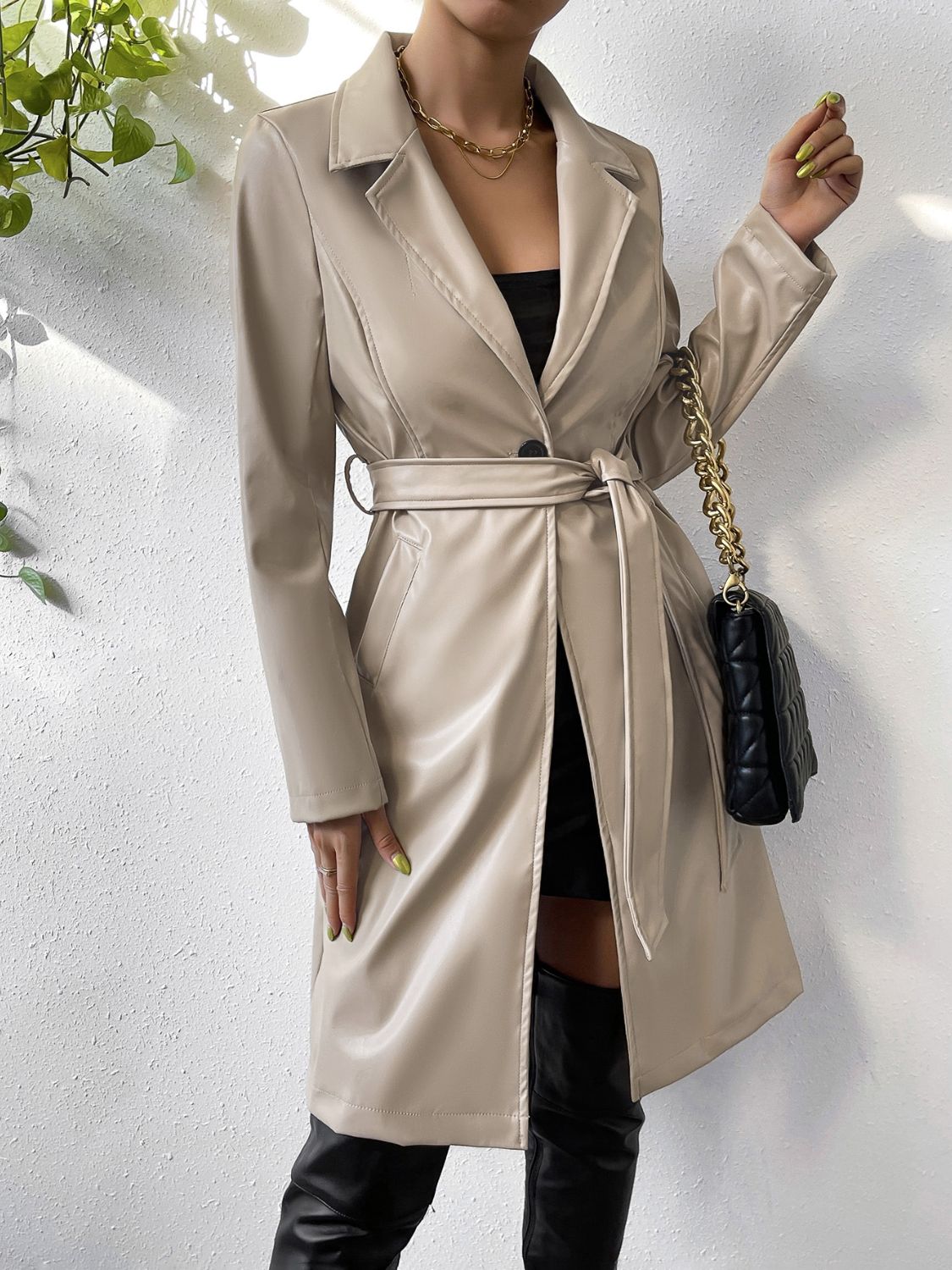 Outfit Flow - Tied PU Leather Long Sleeve Trench Coat