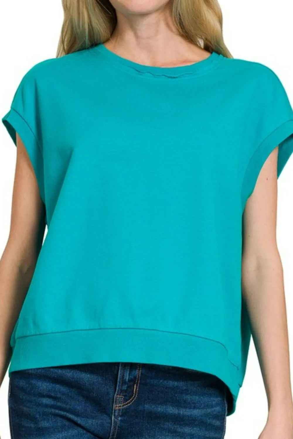 Zenana French Terry Round Neck Cap Sleeve T-Shirt OutfitFlow