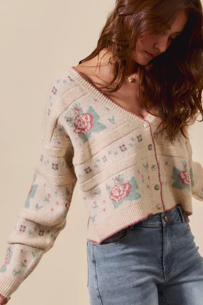 SO ME Floral Pattern Long Sleeve Button Sweater Cardigan OutfitFlow