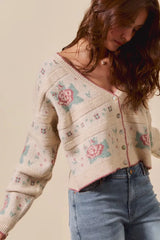 SO ME Floral Pattern Long Sleeve Button Sweater Cardigan OutfitFlow