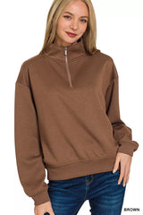 Zenana Scuba Half Zip Pullover Sweatshirt BROWN OutfitFlow