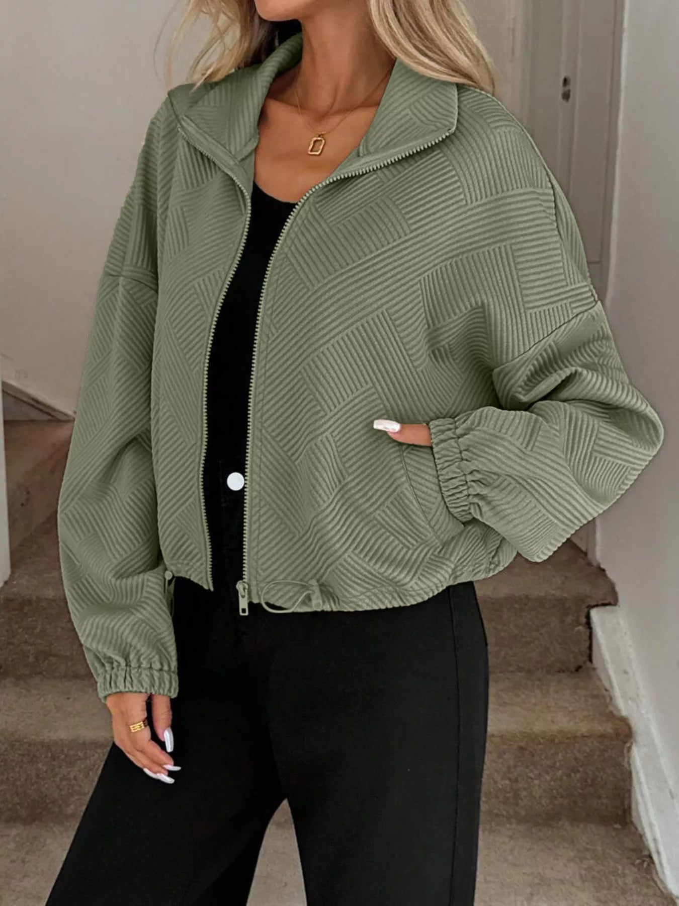 Drawstring Hem Textured Long Sleeve Jacket OutfitFlow