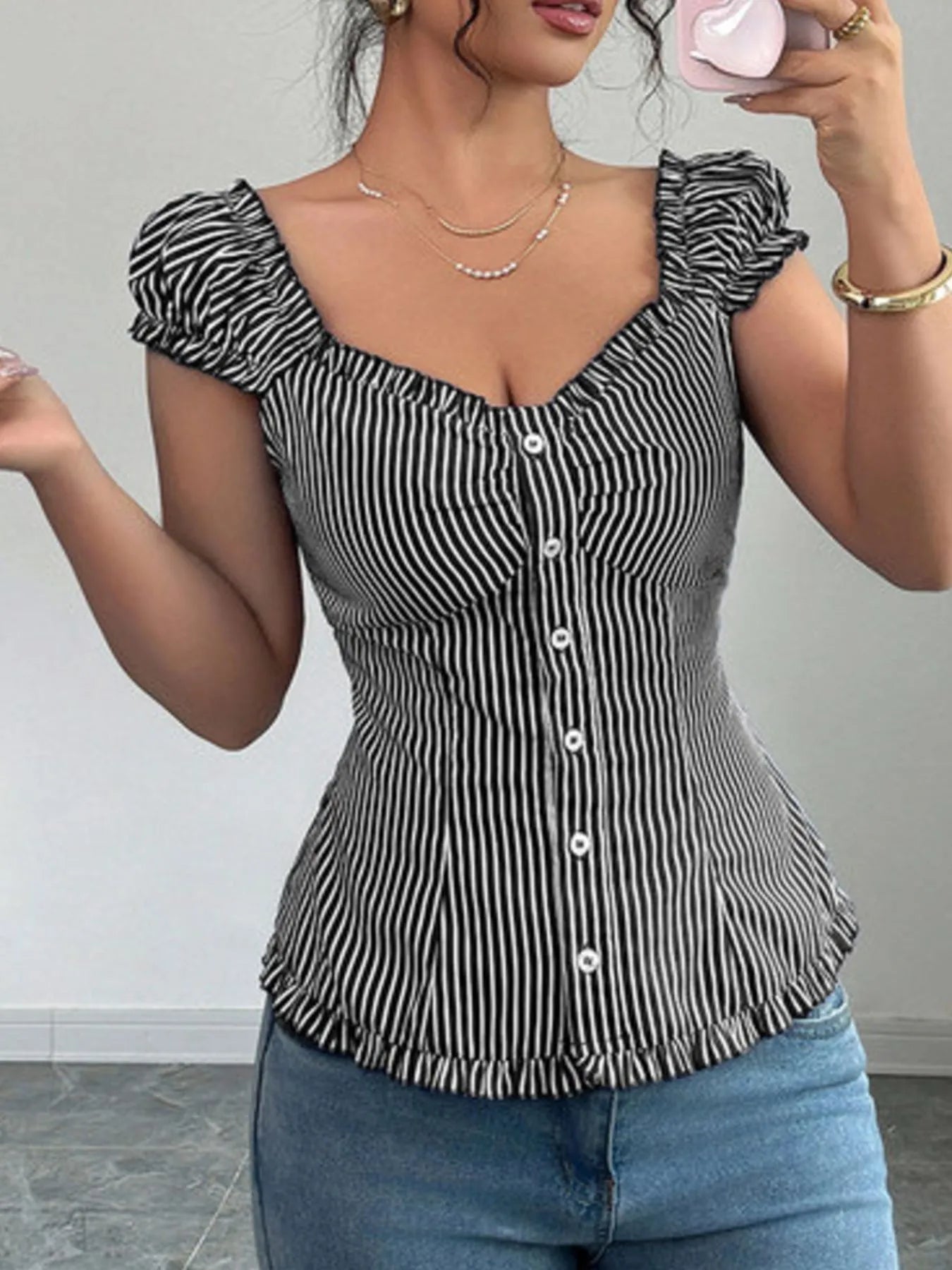 Striped Cap Sleeve Shirt OutfitFlow