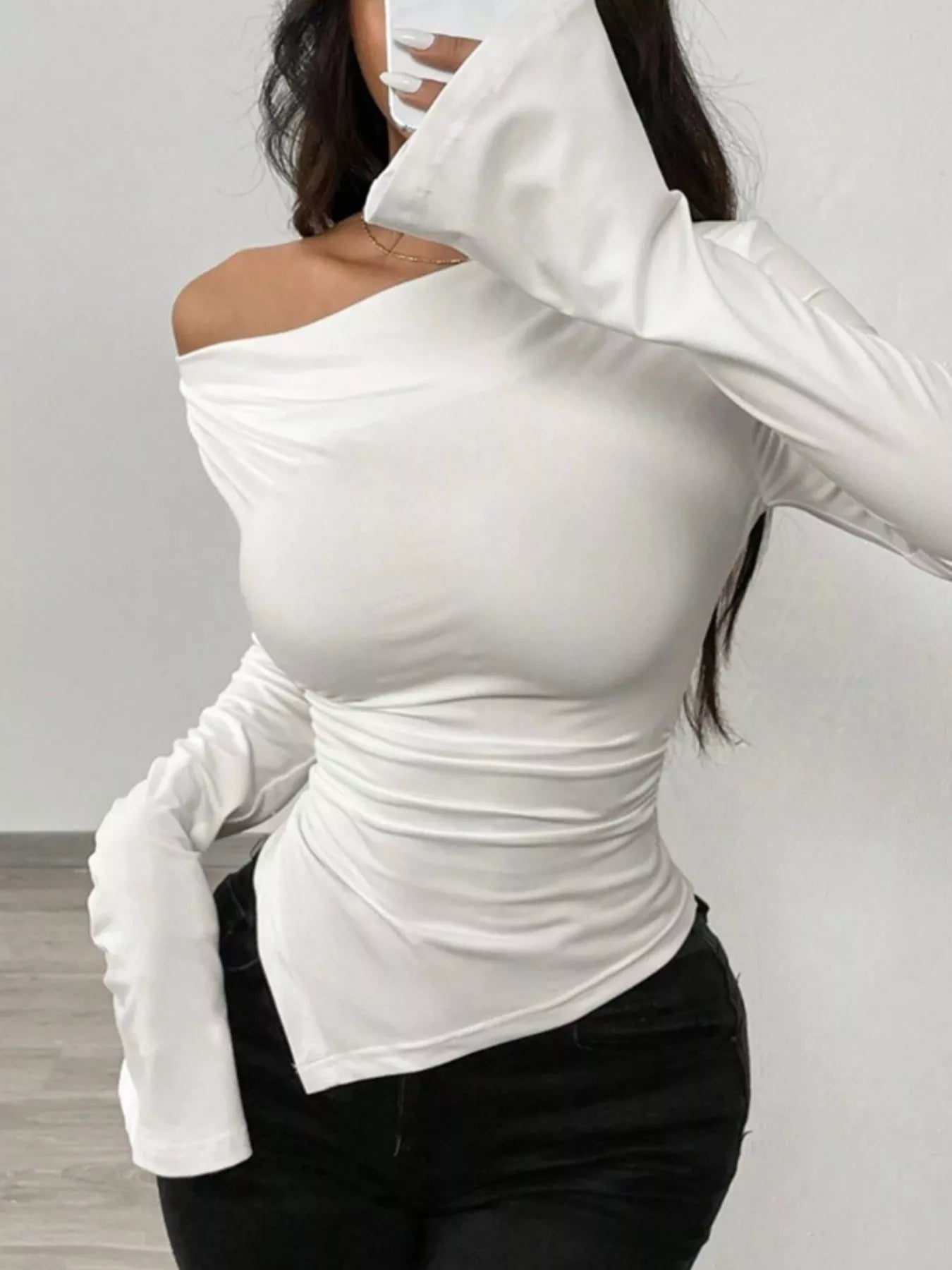 Asymmetrical Long Sleeve Fitted T-Shirt OutfitFlow