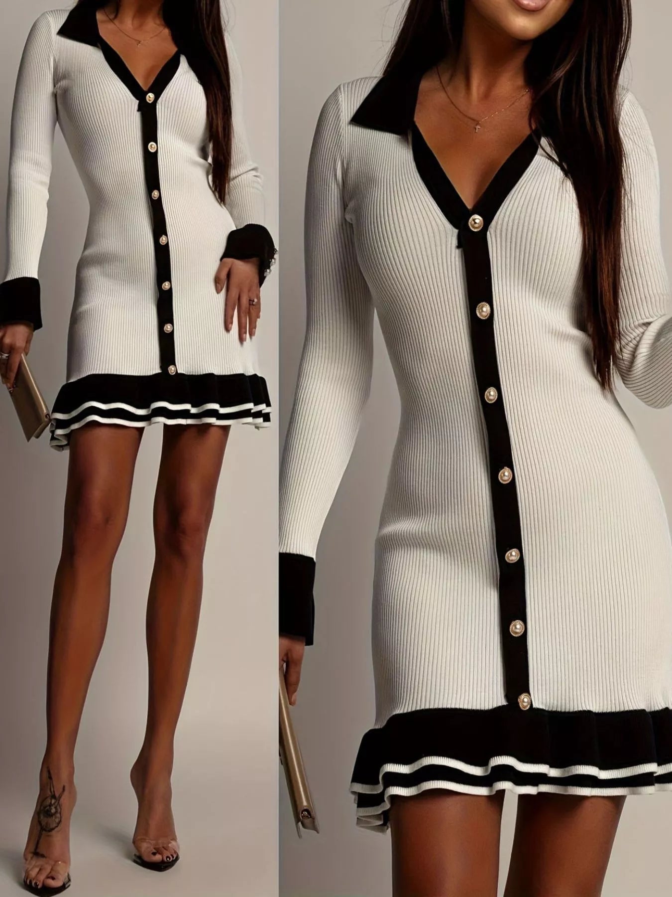 Ribbed Knit Contrast Trim Sweater Dress OutfitFlow