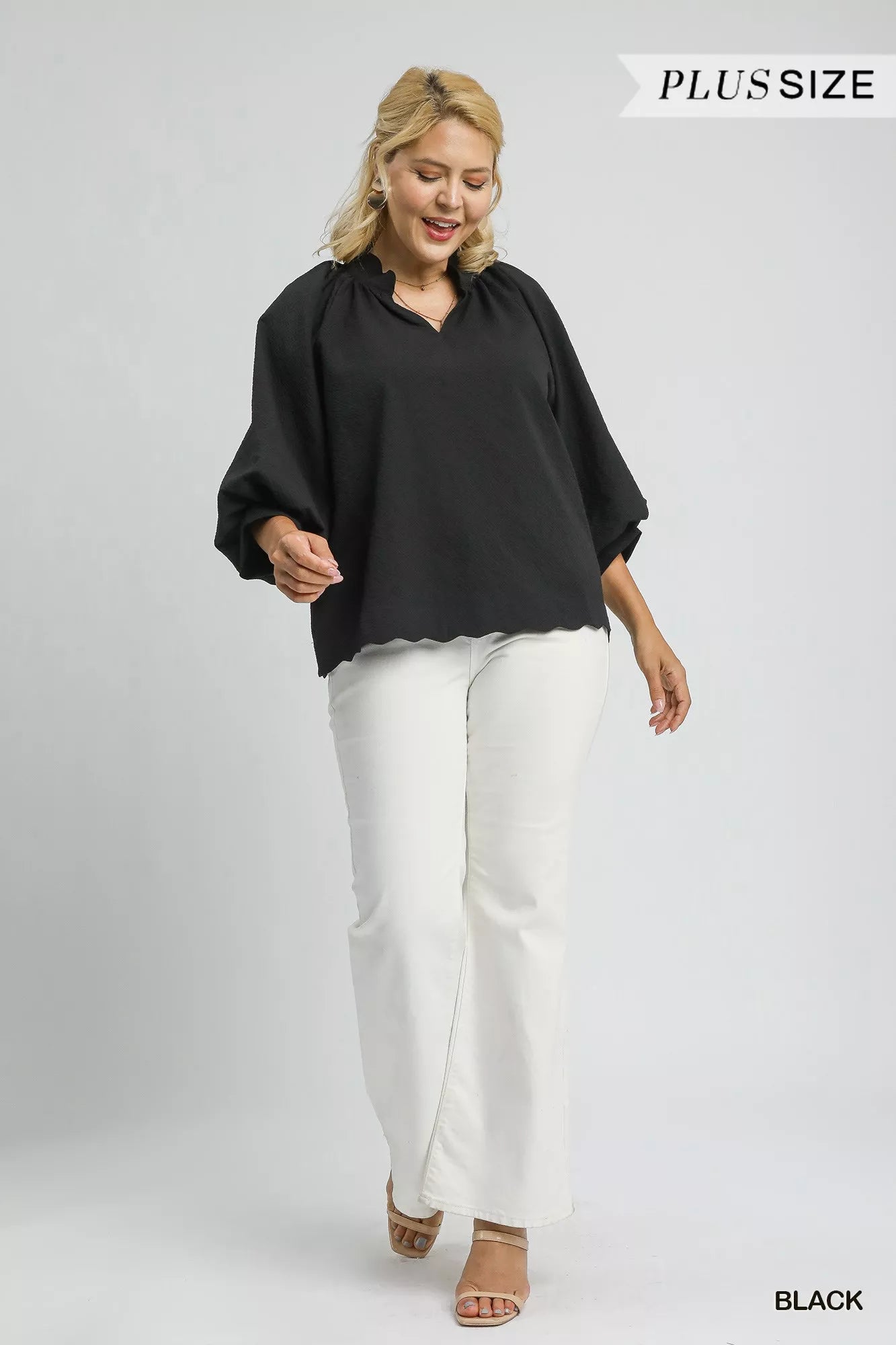 Umgee Full Size Textured Notched Balloon Sleeve Blouse Plus Size OutfitFlow