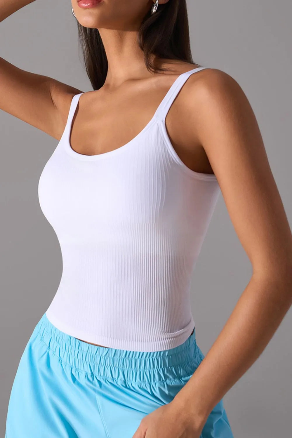 Scoop Neck Active Tank with Detachable Chest Pads White OutfitFlow