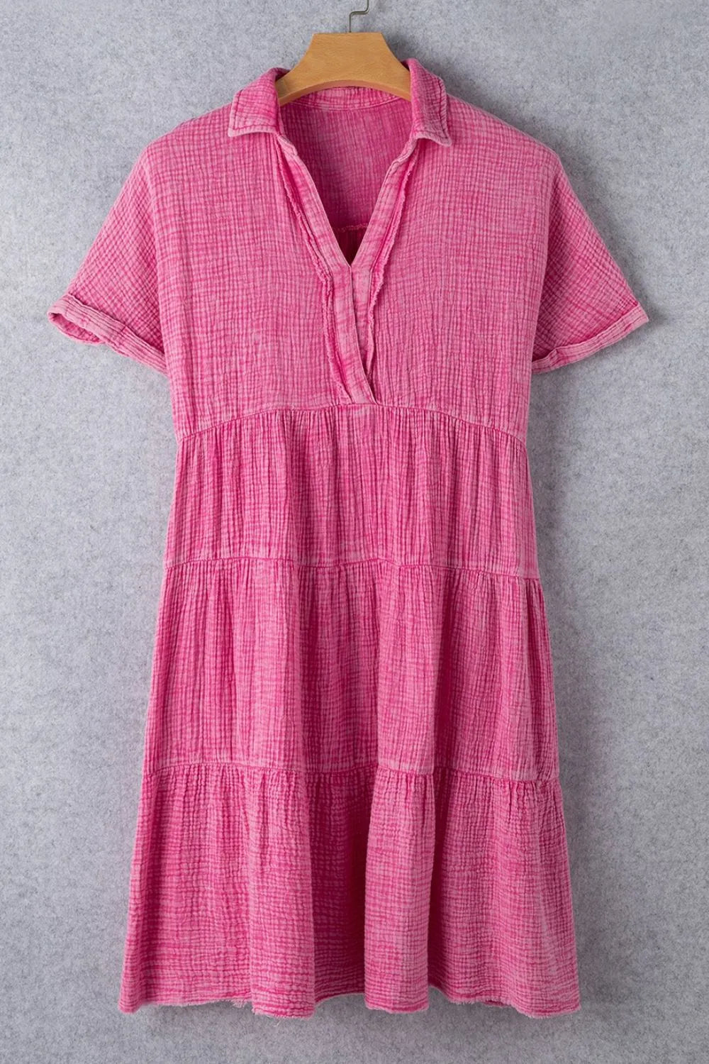 Mineral Wash Crinkle Split Neck Raw Hem Tiered Dress OutfitFlow