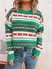 Round Neck Dropped Shoulder Sweater Green One Size OutfitFlow
